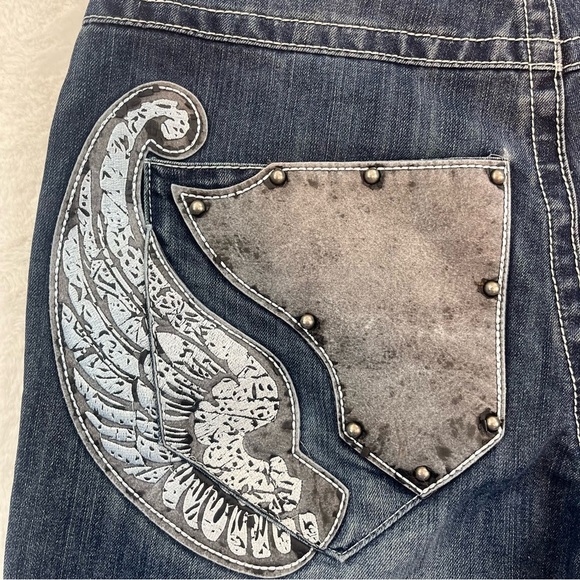 Ablanche Jeans Mens 36x32 Blue Denim Jeans Skater Y2K Style Embroidery Wings - Picture 12 of 16